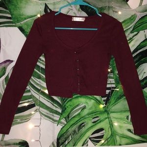Maroon Long-Sleeved Cropped Button-Up Cardigan